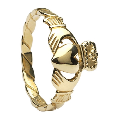 10k Yellow Gold Twist Shank Ladies Claddagh Ring 10.3mm