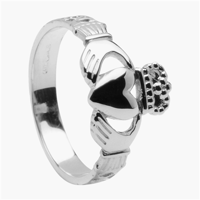 14k White Gold Men's Celtic Rope Claddagh Ring 11mm