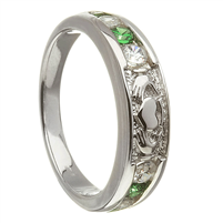 10k White Gold Diamond Emerald Claddagh Eternity Ring 4.4mm