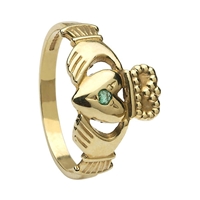 10k Yellow Gold Emerald Small Claddagh Ring 10mm