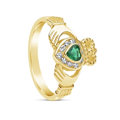 10k Yellow Gold Diamond & Emerald Claddagh Ring 12.4mm