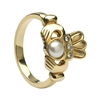 10k Yellow Gold Antique Style Pearl & Diamond Claddagh Ring 13mm