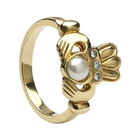 10k Yellow Gold Antique Style Pearl & Diamond Claddagh Ring 13mm