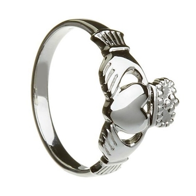 10k White Gold No.3 Style Heavy Ladies Claddagh Ring 13mm