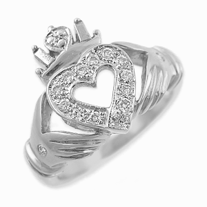 14k White Gold Ladies Diamond Claddagh Ring