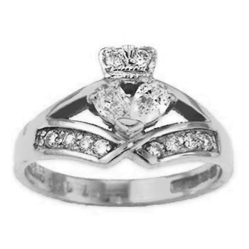 14k White Gold Ladies Diamond Claddagh Ring