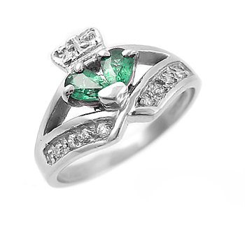 14k White Gold Ladies Emerald & Diamond Claddagh Ring