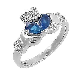 14k White Gold Split Heart Ladies Sapphire & Diamond Claddagh Ring