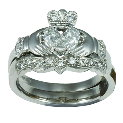 14k White Gold Claddagh Diamond Engagement Ring & Wedding Ring Set