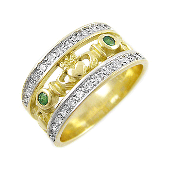 14k Yellow Gold Ladies Double Row Emerald & Diamond Claddagh Ring 10.5mm