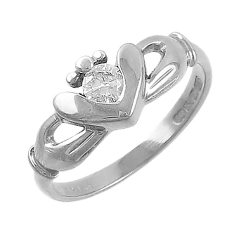 14k White Gold Ladies Heart Diamond Claddagh Ring