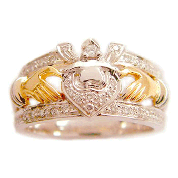 14k Yellow & White Gold Ladies Double Row Diamond Claddagh Ring