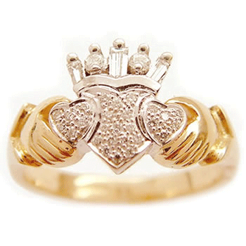 14k Yellow Gold Ladies Fancy Diamond Claddagh Ring