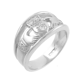 14k White Gold Ladies Split Set Diamond Claddagh Ring 9mm