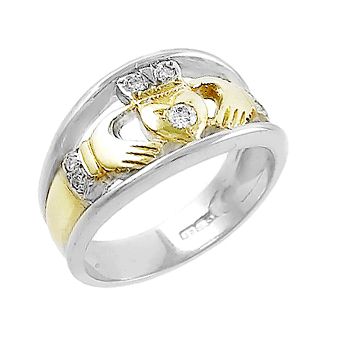 14k White & Yellow Gold Ladies Split Set Diamond Claddagh Ring 9mm