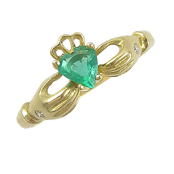 14k Yellow Gold Ladies Emerald & Diamond Claddagh Ring