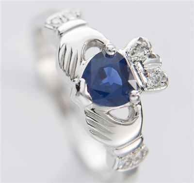 Platinum Ladies Heart Shaped Sapphire & Diamond Claddagh Ring 10mm