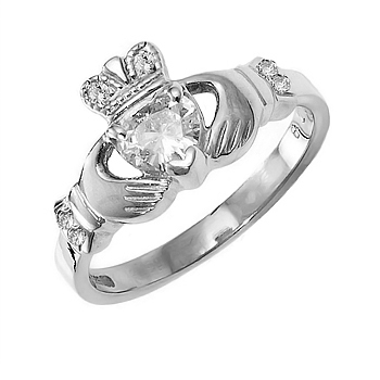 14k White Gold Ladies Heart Shaped Diamond Claddagh Ring 10mm