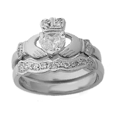 14k White Gold Claddagh Diamond Engagement Ring & Wedding Ring Set