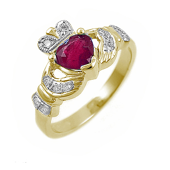 14k Yellow Gold Ladies Heart Shaped Ruby & Diamond Claddagh Ring 10mm