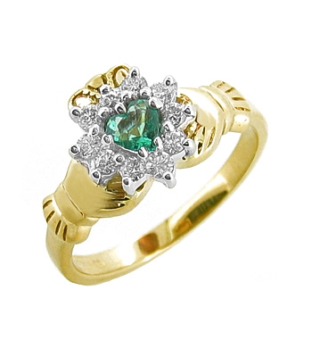 14k Yellow Gold Ladies Emerald & Diamond Claddagh Ring
