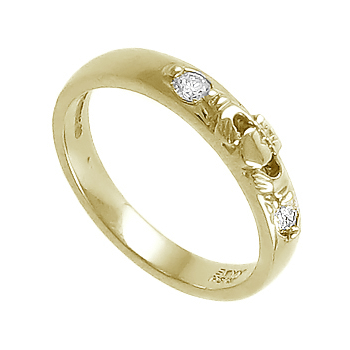 14k Yellow Gold Ladies 2 Stone Emerald Claddagh Wedding Ring 4mm