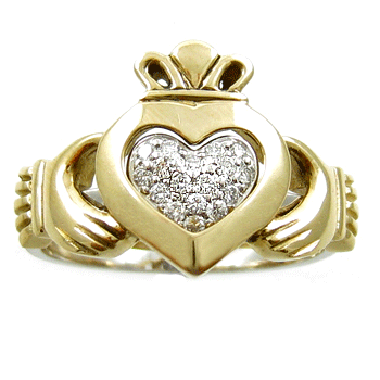 14k Yellow Gold Ladies 2 Part Diamond Claddagh Ring