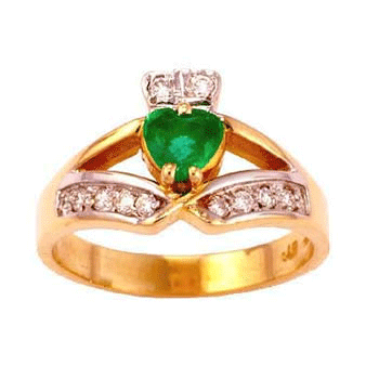 14k Yellow Gold Ladies Emerald & Diamond Claddagh Ring