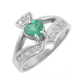 14k White Gold Ladies Emerald & Diamond Claddagh Ring