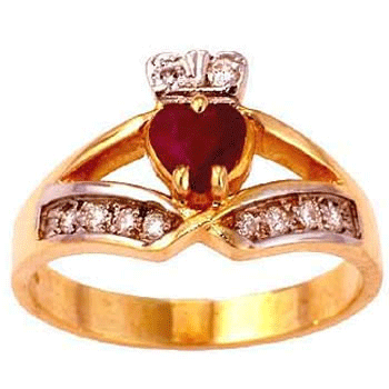 14k Yellow Gold Ladies Ruby & Diamond Claddagh Ring