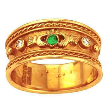 14k Yellow Gold Ladies Emerald & Diamond Wide Claddagh Ring