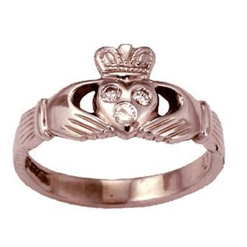 14k White Gold Ladies Heart Shaped Diamond Claddagh Ring
