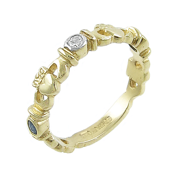 14k Yellow Gold Ladies 3 Stone Sapphire & Diamond Claddagh Ring 5mm