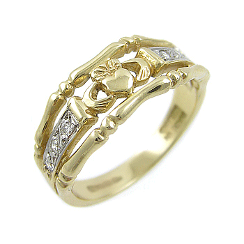 14k Yellow Gold Ladies 6 Stone Split Diamond Claddagh Ring