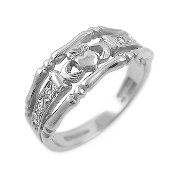 14k White Gold Ladies 6 Stone Split Diamond Claddagh Ring