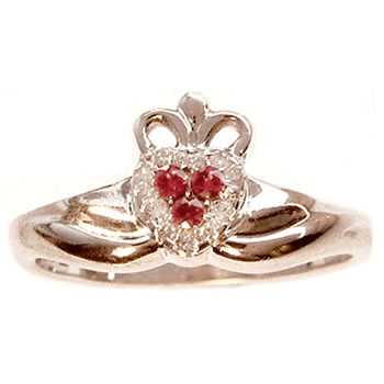 14k White Gold Ladies Pastel Set Ruby & Diamond Claddagh Ring