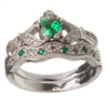 14k White Gold Emerald Set Heart Claddagh Ring & Wedding Ring Set