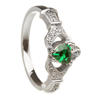 14k White Gold Emerald Set Heart Claddagh Ring 12.4mm