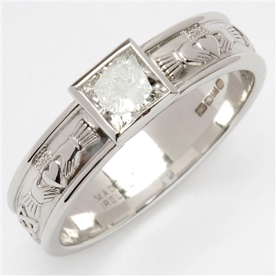 14k White Gold Ladies Solitaire Diamond Claddagh Ring