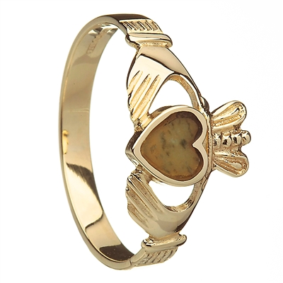 14k Yellow Gold Connemara Marble Heart Ladies Claddagh Ring 10mm
