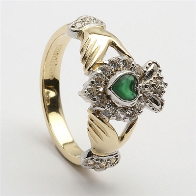 14k Yellow Gold Emerald & Diamond Cluster Claddagh Ring 13mm