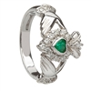 14k White Gold Emerald & Diamond Cluster Claddagh Ring 13mm