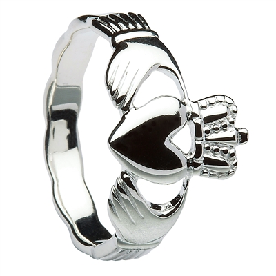 14k White Gold Men's Braided Shank Claddagh Ring 14mm