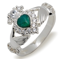 Sterling Silver Ladies Stoneset Agate/CZ Claddagh Ring 12.7mm