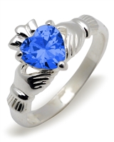 Sterling Silver Synthetic Blue Topaz (Dec) Birthstone Claddagh Ring 9mm