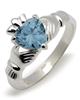 Sterling Silver Synthetic Aquamarine (Mar) Birthstone Claddagh Ring 9mm