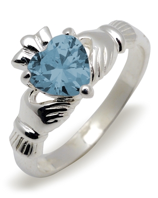 Sterling Silver Synthetic Aquamarine (Mar) Birthstone Claddagh Ring 9mm