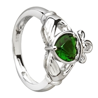 Sterling Silver Green CZ Ladies Claddagh Ring