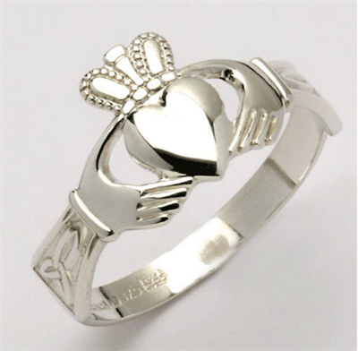 14k White Gold Ladies Claddagh Ring With Trinity Knot Cuffs 11mm