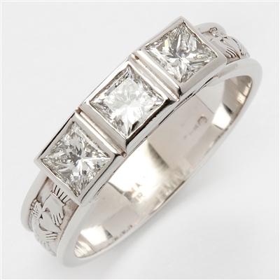 14k White Gold 3 Stone Ladies Diamond Claddagh Ring